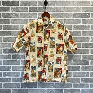 VINTAGE Pierre Cardin Shirt Mens Medium Hawaiian Tiki Hut Palm Tree Leaf 90s Y2K